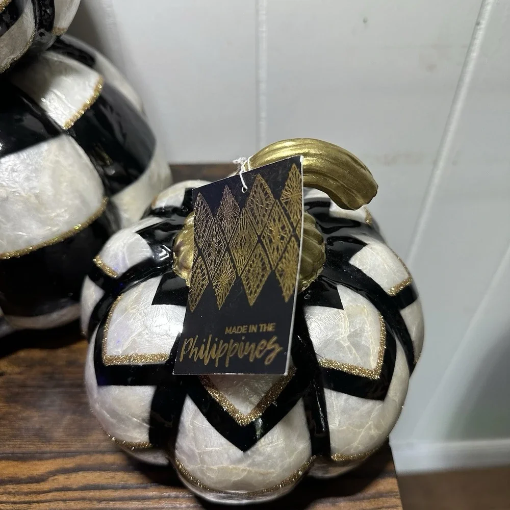 2 Black White Checkered Stacked Pumpkins Gold Stems Halloween Fall Topiary New